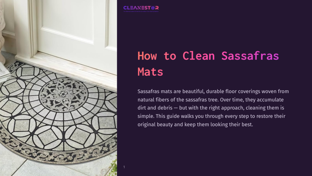 A Decorative, Circular Sassafras Doormat With A Geometric Pattern Sits On A Porch In Front Of A White Door. Text Overlay Reads &Quot;How To Clean Sassafras Mats&Quot;.