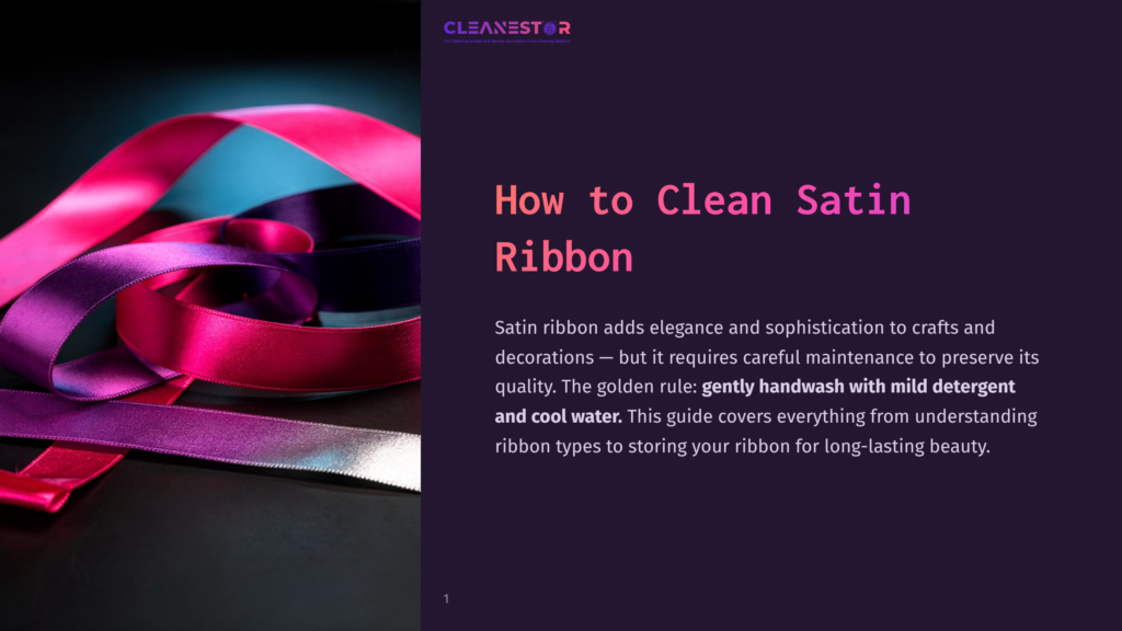 Close-Up Of Vibrant Fuchsia And Purple Satin Ribbons With A Subtle Sheen, Artfully Draped On A Dark, Reflective Surface. The Text &Quot;Cleanestor&Quot; And &Quot;How To Clean Satin Ribbon&Quot; Is Visible.