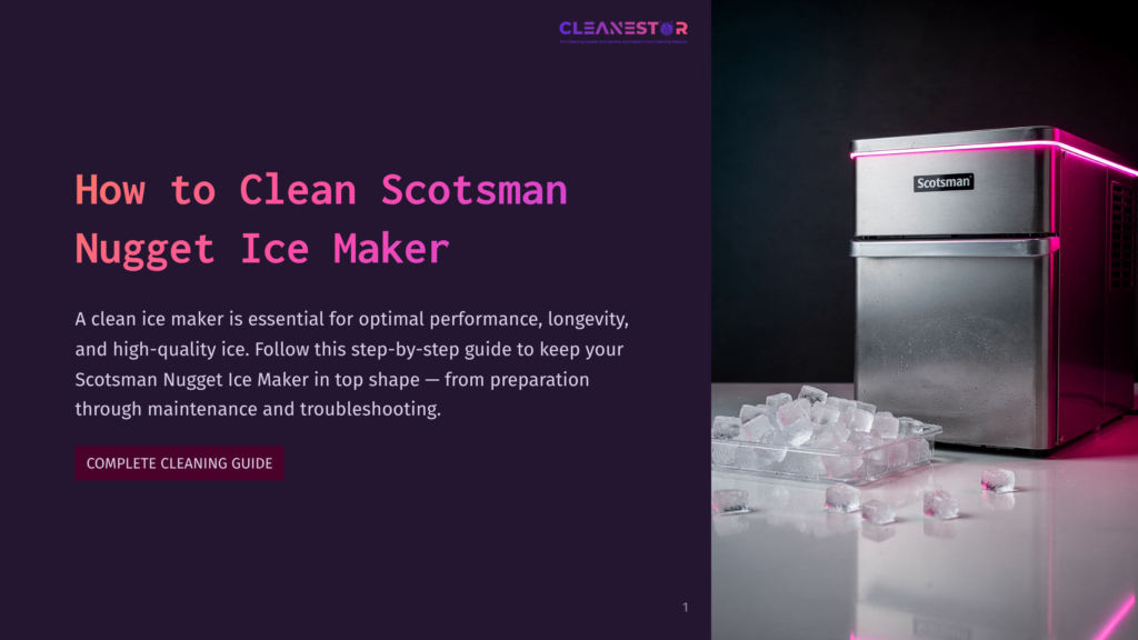 A Scotsman Nugget Ice Maker With Pink Led Lighting Sits On A Counter Next To A Tray Of Nugget Ice. The Text &Quot;Cleanestor&Quot; And &Quot;How To Clean Scotsman Nugget Ice Maker&Quot; Is Visible.