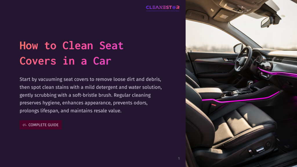 Interior Of A Modern Car With Black Leather Seats, Ambient Purple Lighting, And A &Quot;Cleanestar&Quot; Logo. The Text &Quot;How To Clean Seat Covers In A Car&Quot; Is Overlaid On The Left.