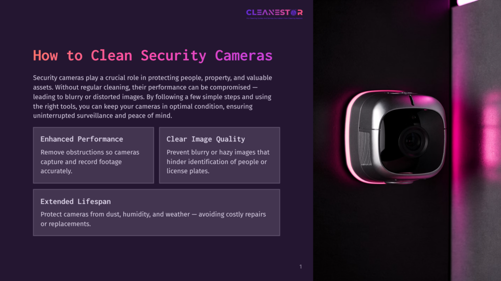 Close-Up Of A Modern Security Camera With A Pink Led Light Ring, Mounted On A Dark Background. Text Overlay Reads &Quot;Cleanestor&Quot;.
