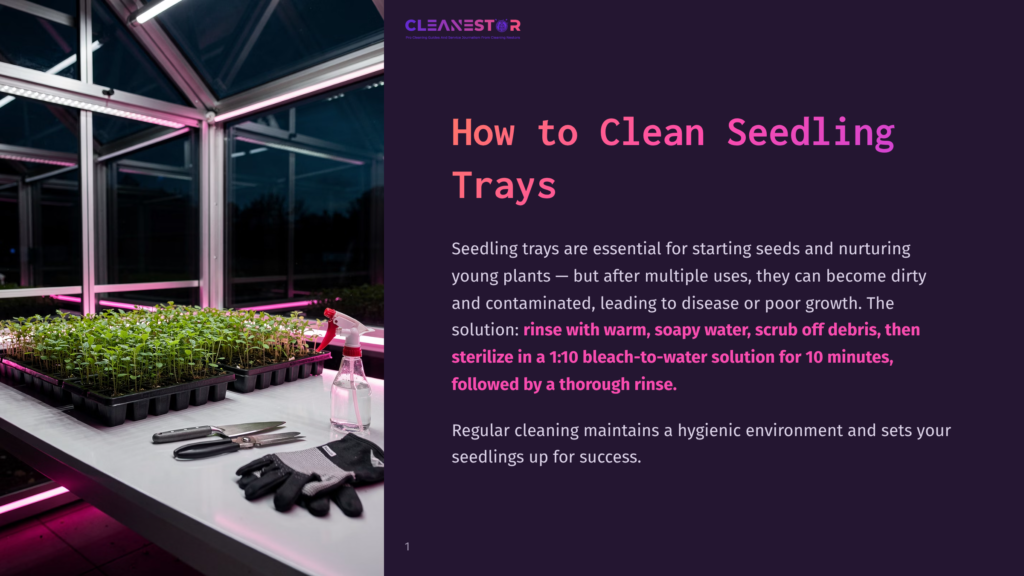 Greenhouse Interior With Rows Of Healthy Seedlings In Black Trays Under Pink Grow Lights. A Spray Bottle And Gardening Gloves Sit On A White Table, With Text &Quot;Cleanestor How To Clean Seedling Trays&Quot;.