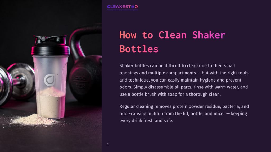 A Protein Shaker Bottle With Powder Sits Next To Dumbbells And A Kettlebell On A Dark Surface, With Text &Quot;How To Clean Shaker Bottles&Quot; Overlayed.