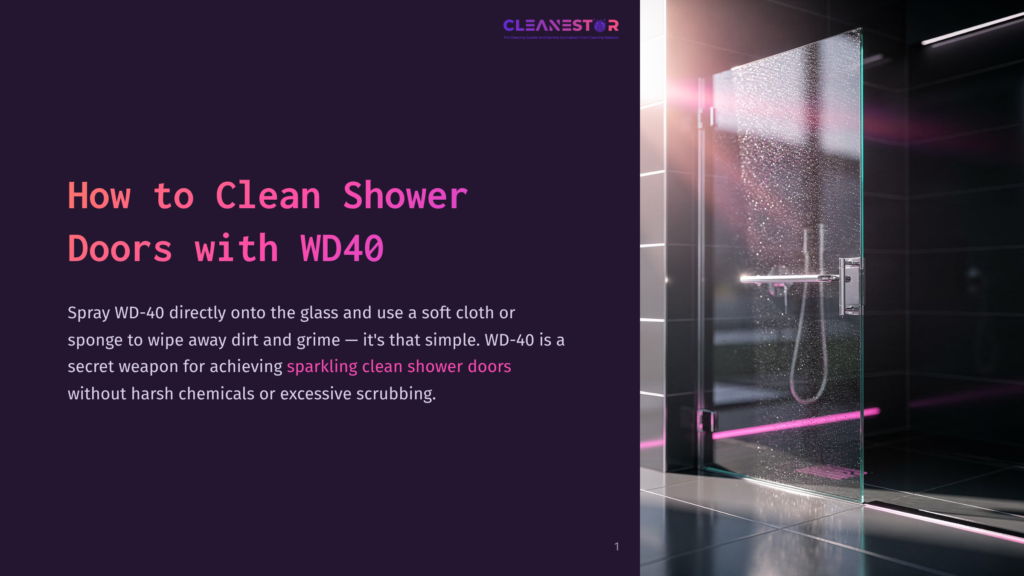 A Clean Shower Door With Water Droplets, Lit By Bright Light. Text Overlay Reads &Quot;How To Clean Shower Doors With Wd40&Quot;.