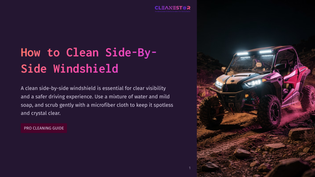 A Rugged Side-By-Side Utv With Bright Led Lights Drives On A Dirt Path At Night, Illuminated By Its Headlights And Purple Ambient Lighting. The Text &Quot;Cleanestar&Quot; And &Quot;How To Clean Side-By-Side Windshield&Quot; Are Visible.