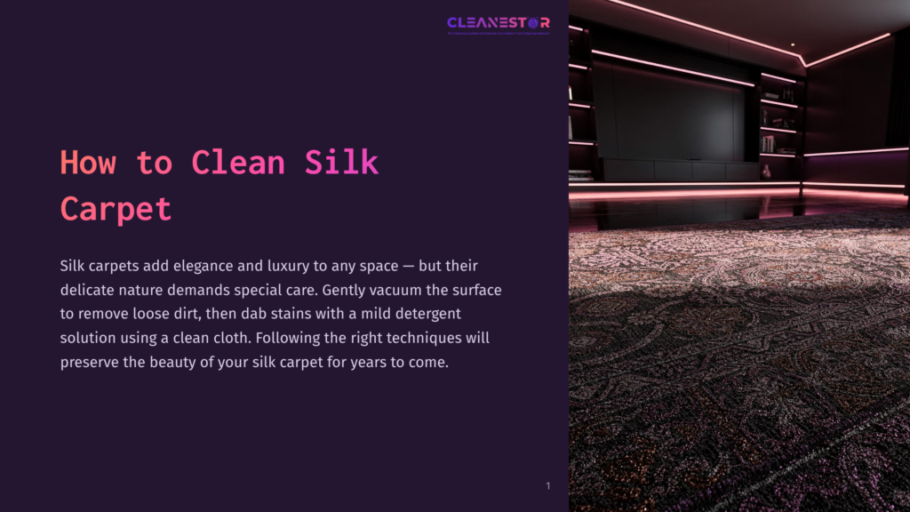 Cleanestor Logo And &Quot;How To Clean Silk Carpet&Quot; Text Over A Dark Background With A Modern Living Room Featuring A Luxurious Silk Carpet And Ambient Lighting.