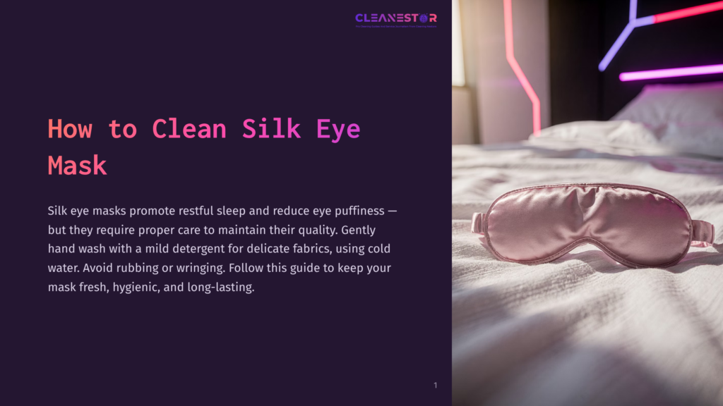 A Soft Pink Silk Eye Mask Rests On A Rumpled White Bed Sheet, Bathed In Sunlight. The Text &Quot;How To Clean Silk Eye Mask&Quot; Is Prominently Displayed On A Dark Purple Background On The Left.
