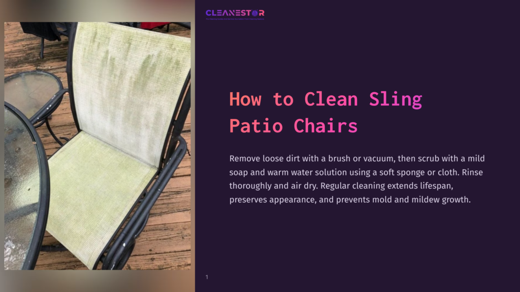 A Dirty, Moldy Sling Patio Chair Sits On A Wooden Deck Next To A Glass-Topped Outdoor Table. The Chair'S Fabric Is Stained With Green Mildew.
