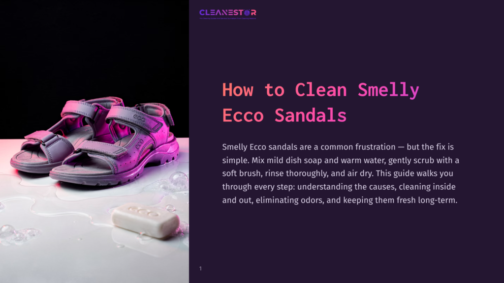 Purple Ecco Sandals Sit On A Wet Surface With Soap Bubbles And A Bar Of Soap, Ready For Cleaning. The Cleanestor Logo Is Visible.