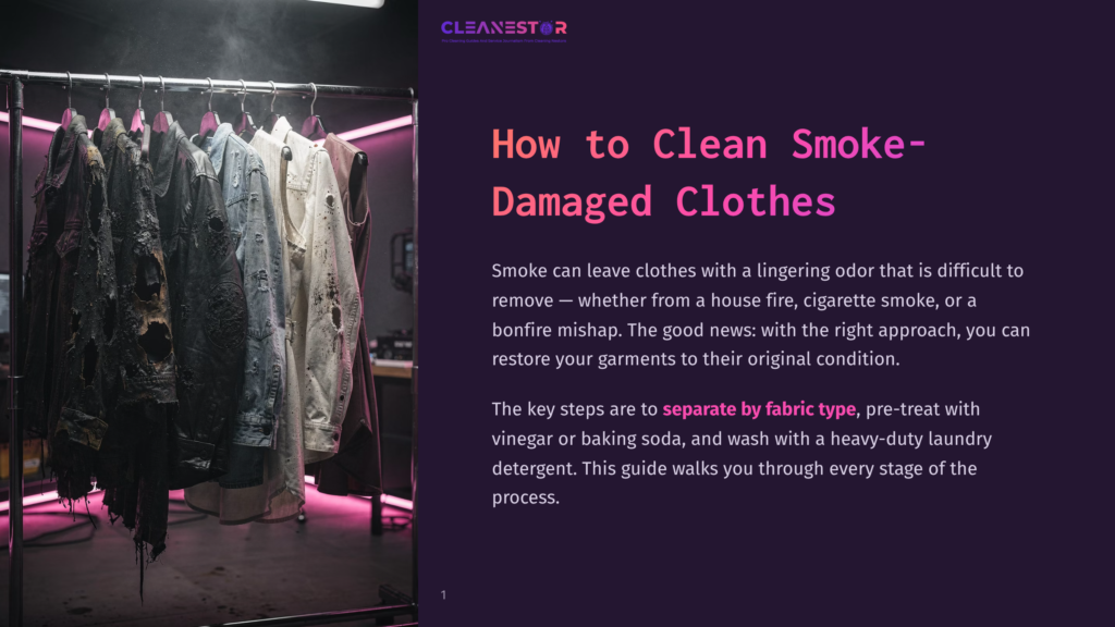 Smoke-Damaged Clothes Hanging On A Rack, With Dramatic Pink Lighting. Text Overlay Reads: &Quot;Cleanestor: How To Clean Smoke-Damaged Clothes.