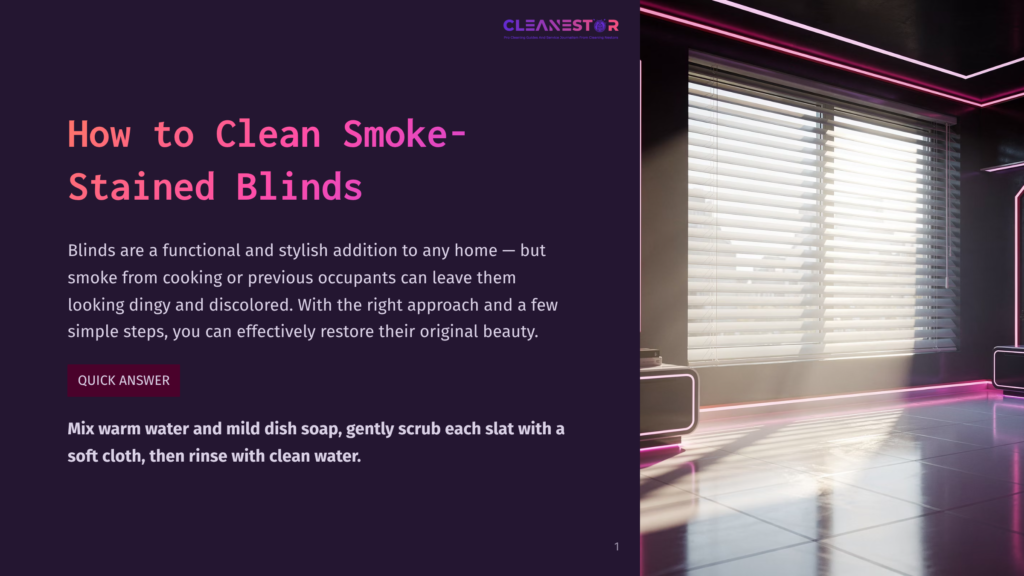 Modern Room With Sleek Blinds, Neon Pink Lighting, And A Minimalist Aesthetic. The Text &Quot;Cleanestor&Quot; And &Quot;How To Clean Smoke-Stained Blinds&Quot; Is Visible.
