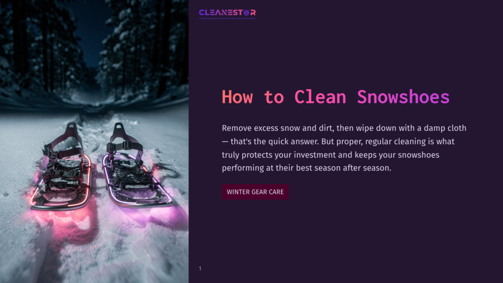 A Pair Of Snowshoes With Purple And Pink Led Lights Resting In Fresh Snow At Night, With A Dark, Snowy Forest In The Background. The Text &Quot;Cleanestor&Quot; Is Visible At The Top.