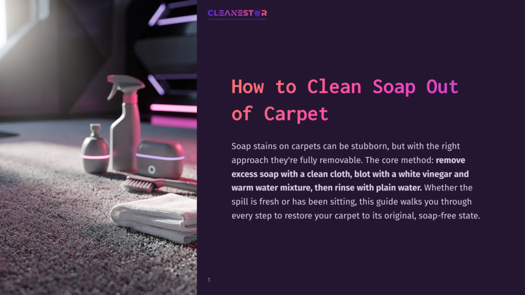 1 How To Clean Soap Out Of Carpet Cleanestor Logo At The Top Of A Carpet Cleaning Guide. A Spray Bottle, Diffuser, And Cloth Are On A Carpet, With Text Explaining How To Clean Soap Out Of Carpet.