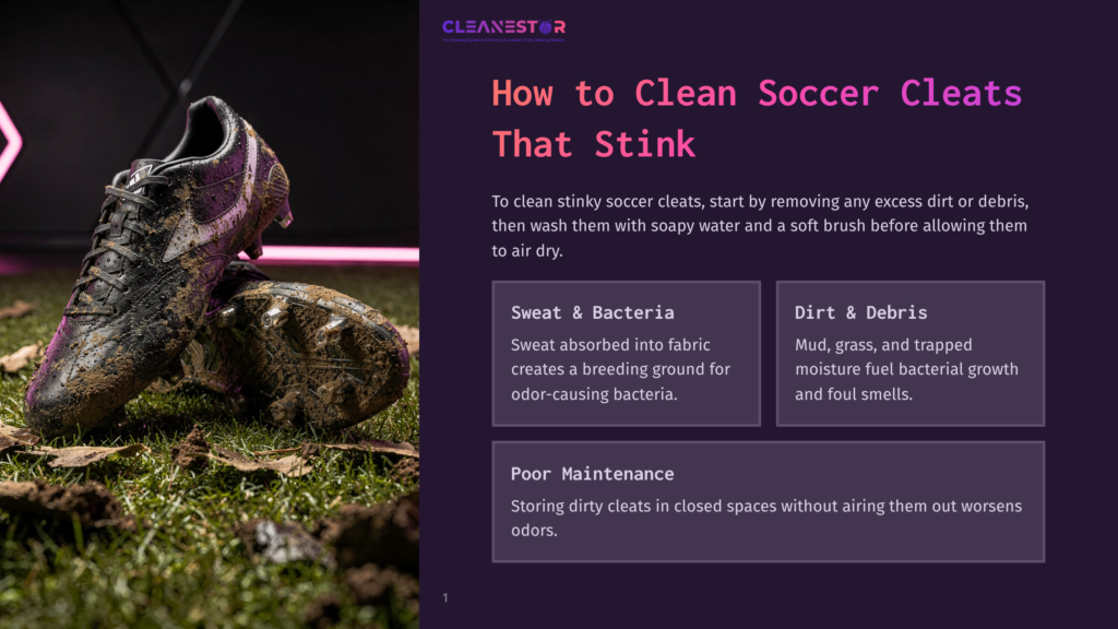 Dirty Black Soccer Cleats Caked In Mud Sit On Grass, With Text Overlay &Quot;How To Clean Soccer Cleats That Stink&Quot; And Sections On &Quot;Sweat &Amp; Bacteria&Quot;, &Quot;Dirt &Amp; Debris&Quot;, And &Quot;Poor Maintenance&Quot;.