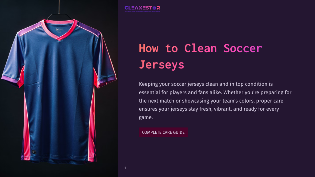 A Dark Blue And Pink Soccer Jersey Hangs On A Hanger Against A Dark Background, With The Text &Quot;Cleanestor&Quot; And &Quot;How To Clean Soccer Jerseys&Quot; Visible.