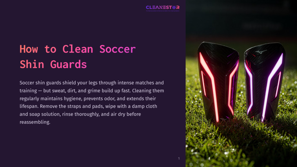 1 How To Clean Soccer Shin Guards 1 Close-Up Of Two Black Soccer Shin Guards With Glowing Red And Purple Accents, Resting On A Grassy Field At Night. Text Overlay Reads &Quot;Cleanestar&Quot; And &Quot;How To Clean Soccer Shin Guards&Quot;.