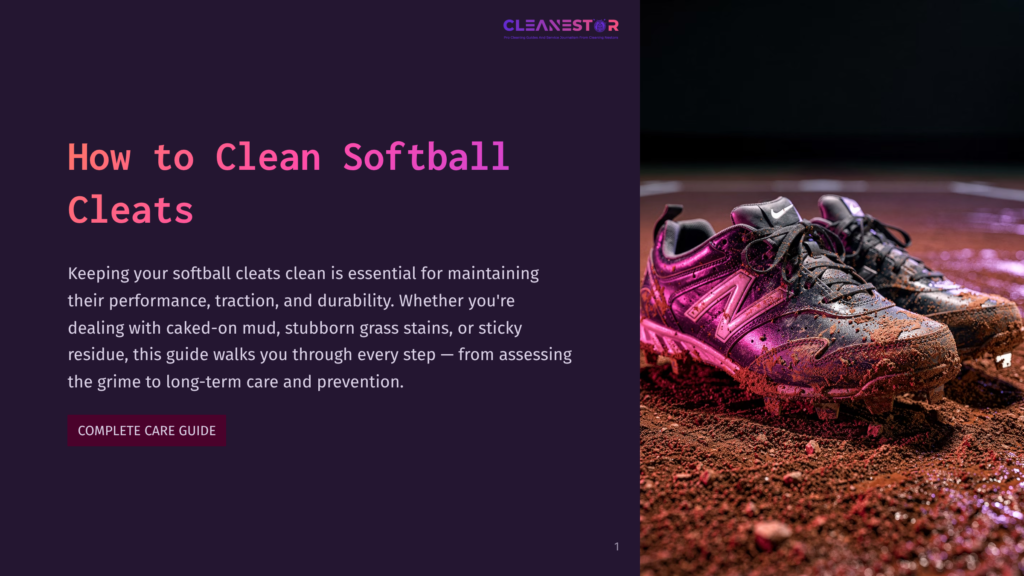 Dirty Softball Cleats On Muddy Ground, With The Text &Quot;How To Clean Softball Cleats&Quot; And &Quot;Cleanstar&Quot; Visible.