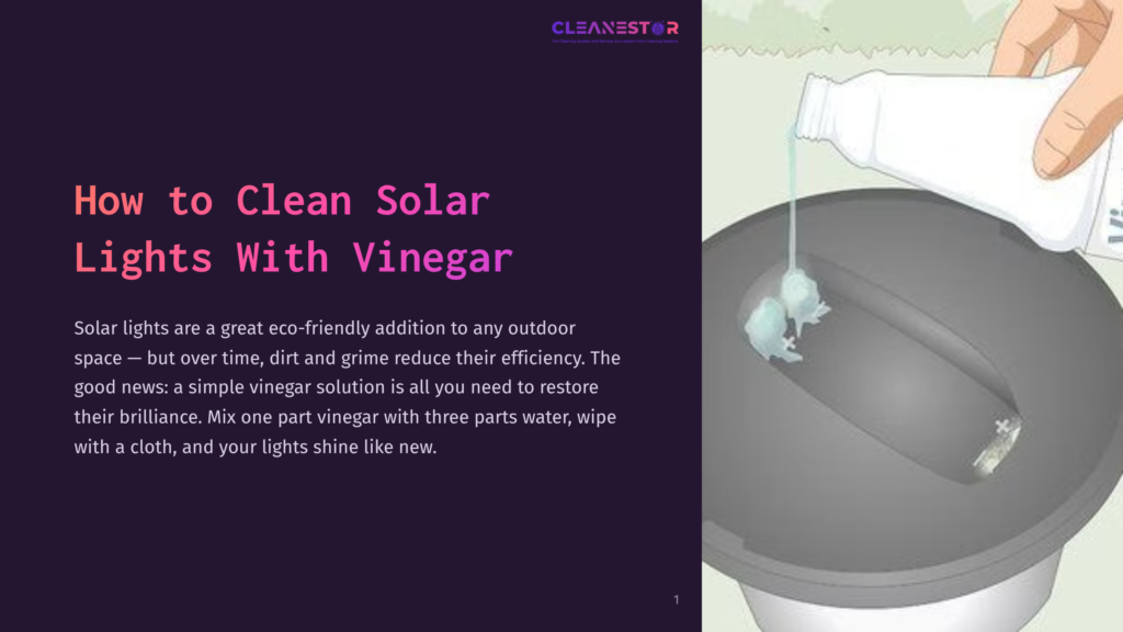 1 How To Clean Solar Lights With Vinegar Close-Up Of A Hand Pouring White Vinegar From A Bottle Into A Gray Basin Containing Two White Cleaning Sponges And Some Water, Illustrating How To Clean Solar Lights With Vinegar.