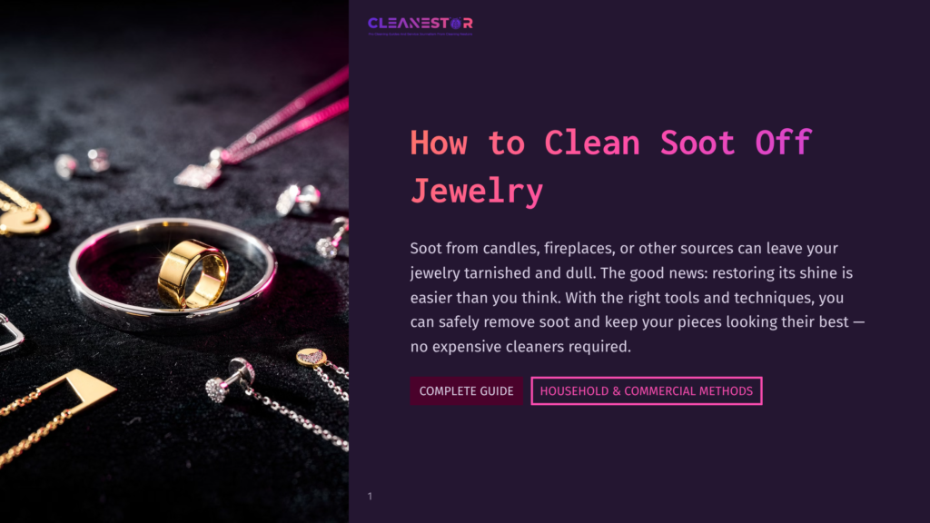 Close-Up Of Tarnished Gold And Silver Jewelry, Including A Ring And Necklaces, On A Dark Velvet Surface, With The Title &Quot;How To Clean Soot Off Jewelry&Quot; Visible.