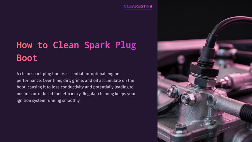 1 How To Clean Spark Plug Boot Close-Up Of A Car'S Engine With A Spark Plug Boot And Wiring, Illuminated By Pink And Purple Light. Text Overlay Reads &Quot;Cleanestar&Quot; And &Quot;How To Clean Spark Plug Boot&Quot;.