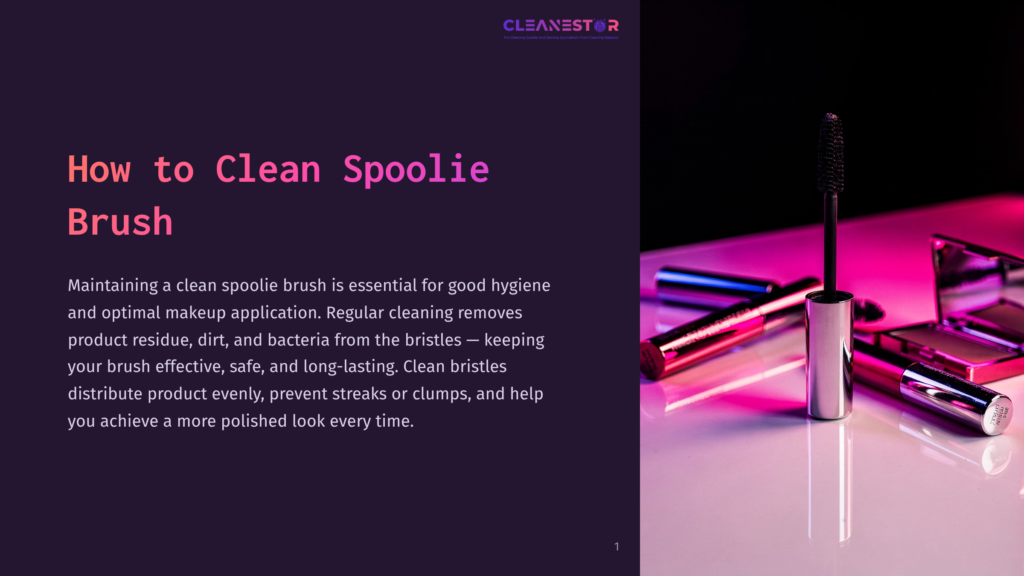 Close-Up Of A Dark Purple Background With A Text Overlay Reading &Quot;How To Clean Spoolie Brush,&Quot; Accompanied By A Small Cluster Of Makeup Brushes, Including A Spoolie Brush With A Purple Tube.
