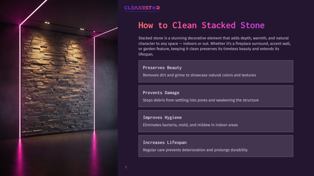 1 How To Clean Stacked Stone Cleanestor Logo At The Top Of A Dark Purple Slide With Text About Cleaning Stacked Stone. A Stacked Stone Wall With Pink Neon Lighting Is On The Left.