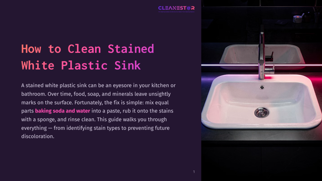 A Clean White Plastic Sink With A Modern Chrome Faucet Is Illuminated By Pink And Blue Neon Lights Against A Dark Background. The Text &Quot;Cleanestor&Quot; Is At The Top Right.