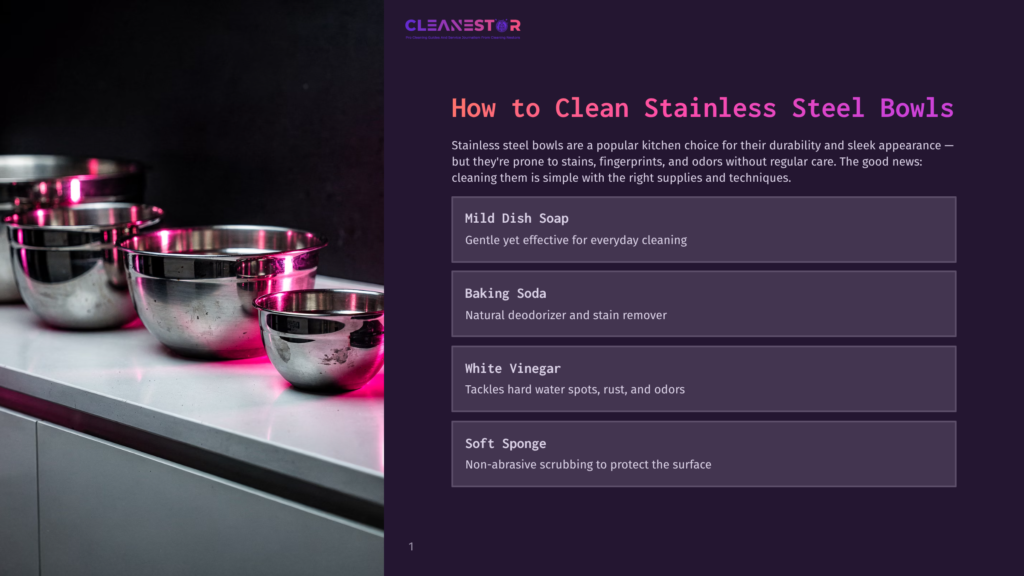 1 How To Clean Stainless Steel Bowls Cleanestor Logo At The Top Of A Graphic With Text About Cleaning Stainless Steel Bowls, Featuring A Stack Of Shiny Stainless Steel Mixing Bowls On A Gray Countertop.