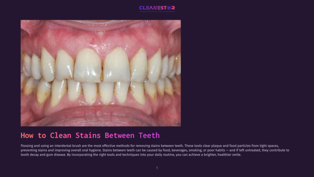Close-Up Of Stained Teeth With Visible Plaque Between Them, Illustrating The Need For Interdental Cleaning. Text Overlay Reads: &Quot;How To Clean Stains Between Teeth.