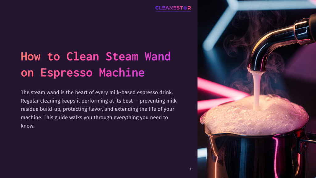 Close-Up Of An Espresso Machine Steam Wand Frothing Milk, Creating A Rich Foam. The Text &Quot;How To Clean Steam Wand On Espresso Machine&Quot; Is Overlaid On The Left.