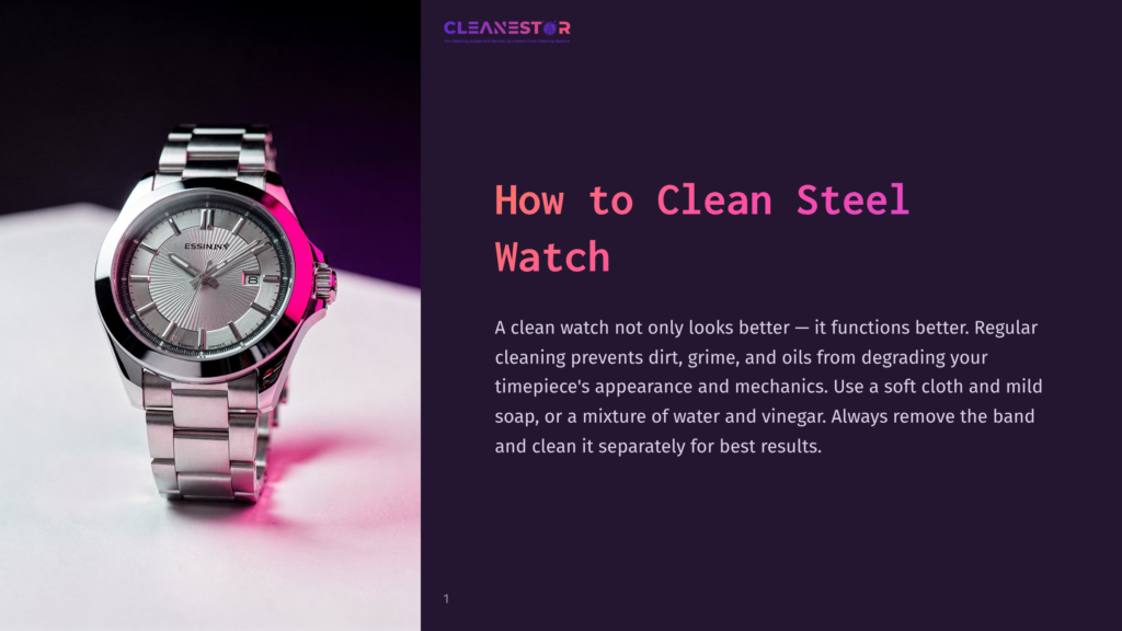 A Gleaming Stainless Steel Watch With A Silver Dial And A Link Bracelet Sits On A White Surface, Illuminated By Pink Light. The Text &Quot;Cleanestor&Quot; And &Quot;How To Clean Steel Watch&Quot; Is Visible.