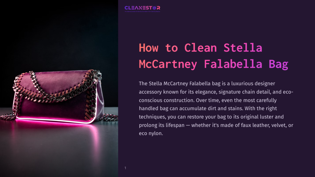 1 How To Clean Stella Mccartney Falabella Bag A Luxurious Purple Stella Mccartney Falabella Bag With A Signature Chain Detail Is Illuminated By Neon Pink Light Against A Dark, Reflective Surface, Showcasing Its Elegant Design.