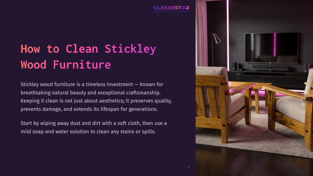Two Light Brown Stickley Wood Armchairs And A Matching Coffee Table Sit In A Modern Living Room With A Large Tv In The Background. The Text &Quot;How To Clean Stickley Wood Furniture&Quot; Is Overlaid On The Left.