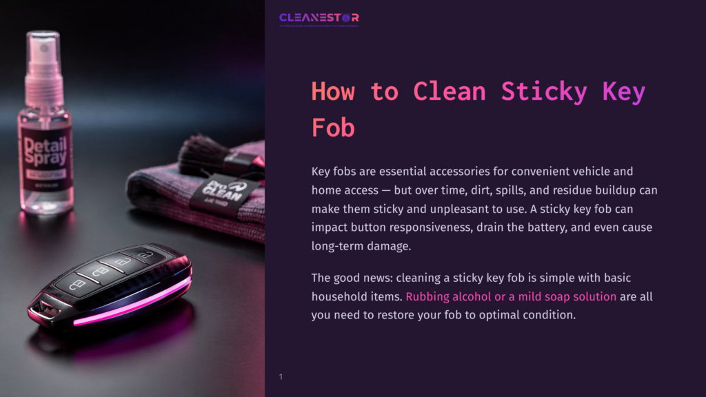 A Detail Spray Bottle, A Microfiber Cleaning Cloth, And A Modern Car Key Fob With Glowing Pink Accents Are Artfully Arranged On A Dark, Reflective Surface, Suggesting Car Cleaning And Key Fob Maintenance.