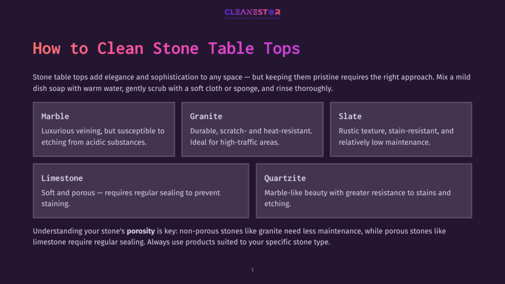 A Graphic Displaying Information About Different Types Of Stone Tabletops: Marble, Granite, Slate, Limestone, And Quartzite, With Brief Descriptions Of Their Properties.