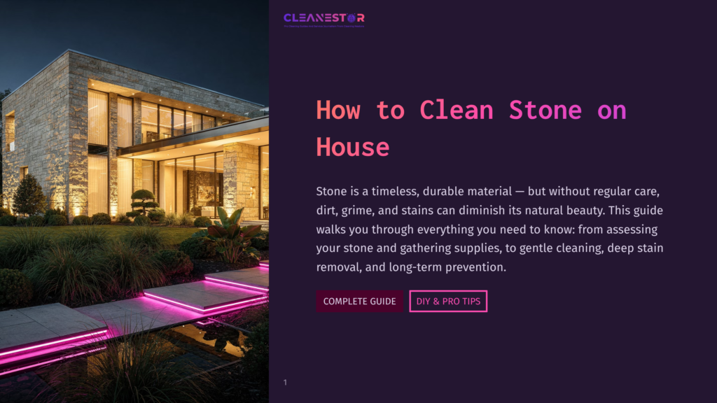 Modern Stone House Exterior At Dusk With Illuminated Pathways And Landscaping. Text Overlay Reads &Quot;Cleanestor&Quot; And &Quot;How To Clean Stone On House&Quot;.