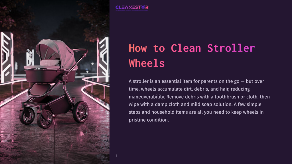 A Modern, Pink And Grey Baby Stroller Sits On A Wet, Cobblestone Path At Night, Illuminated By Neon Pink Lights. The Text &Quot;How To Clean Stroller Wheels&Quot; Is Prominently Displayed.