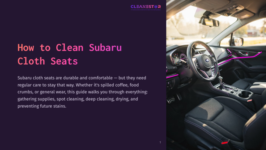 Interior Of A Subaru, Showing The Driver'S Seat With Purple Ambient Lighting On The Dashboard And Door Panel. The Text &Quot;How To Clean Subaru Cloth Seats&Quot; Is Overlaid On The Left Side Of The Image.