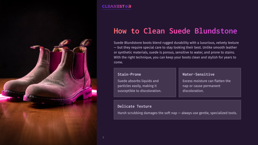 Two Tan Blundstone Boots Sit On A Wooden Surface, Illuminated By Purple Light, With The Brand Name Visible On The Side Of One Boot.