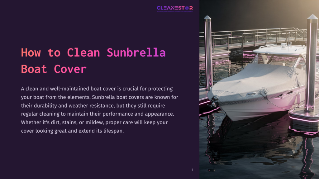 A White Boat Covered By A Grey Sunbrella Boat Cover Is Docked At A Marina At Sunset. The Boat Cover Is Taut And Clean, Reflecting The Pink And Purple Glow Of The Sky And Dock Lights. The Image Is From A Blog Post Titled &Quot;How To Clean Sunbrella Boat Cover.