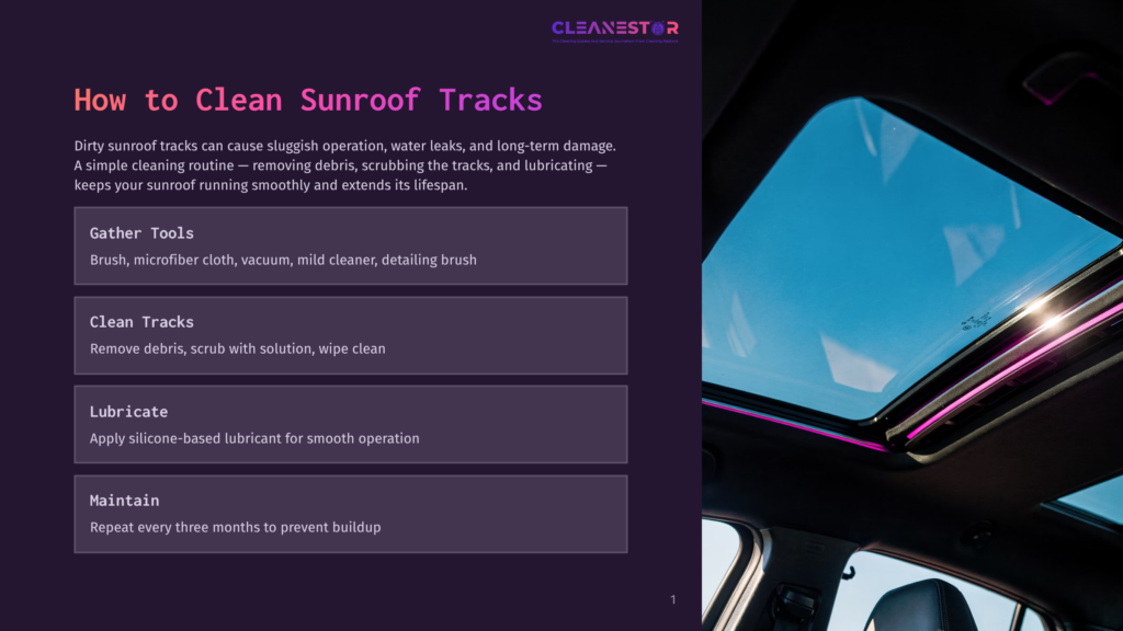 1 How To Clean Sunroof Tracks A Car Sunroof With Illuminated Pink Interior Lighting, Viewed From Inside The Vehicle, With Text On The Left Detailing How To Clean Sunroof Tracks.