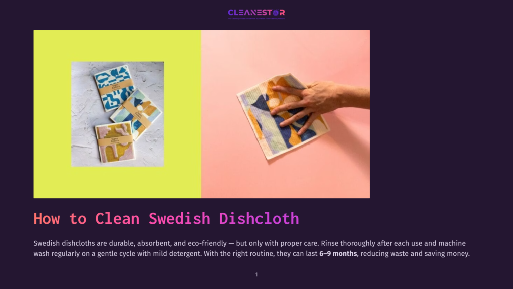 A Hand Holds A Colorful Swedish Dishcloth With Abstract Blue, Orange, And Yellow Patterns Against A Soft Pink Background. The Dishcloth Is Absorbent And Eco-Friendly.