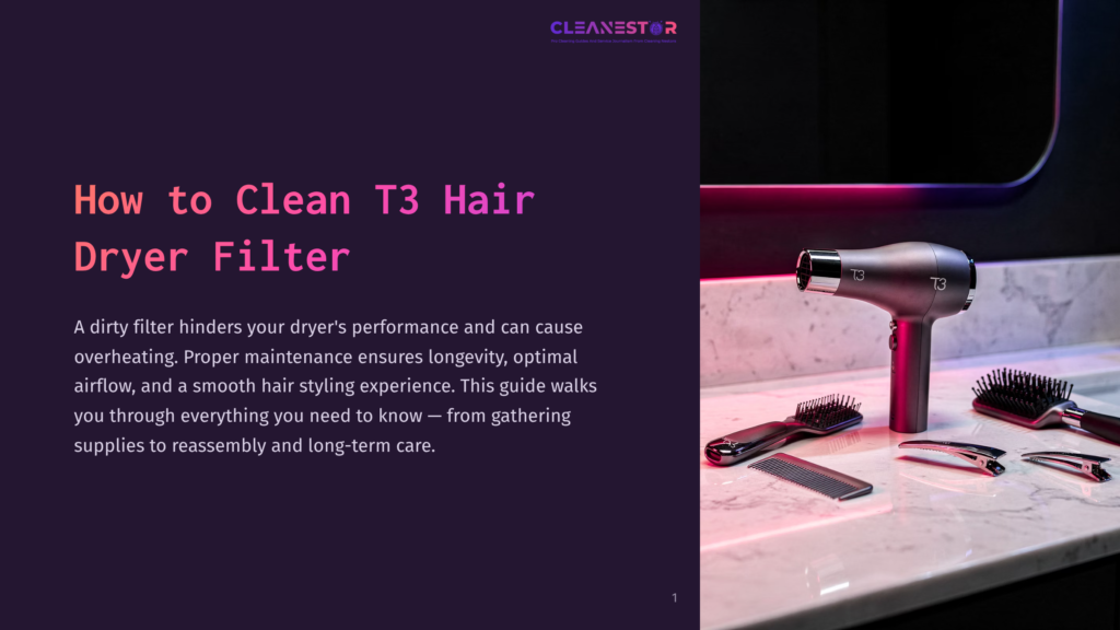 A T3 Hair Dryer And Styling Tools, Including Brushes And Clips, Are Neatly Arranged On A Marble Countertop. The Image Is A Close-Up, With The T3 Logo Visible On The Dryer. The Text &Quot;How To Clean T3 Hair Dryer Filter&Quot; Is Overlaid On The Left Side Of The Image.