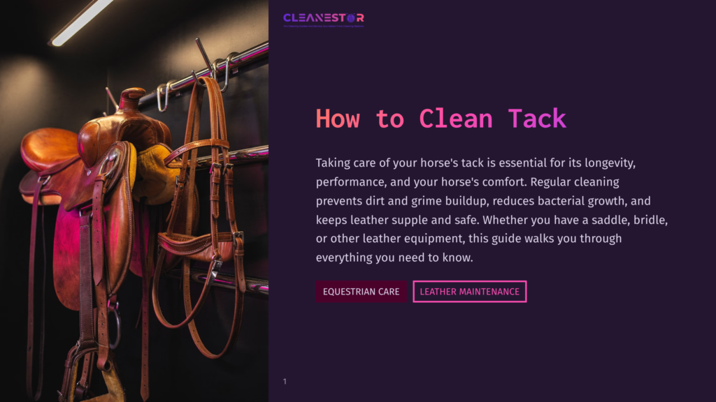 1 How To Clean Tack Equestrian Tack, Including A Leather Saddle And Bridle, Hangs On A Metal Rack In A Dimly Lit Stable. The Text &Quot;How To Clean Tack&Quot; Is Prominently Displayed.