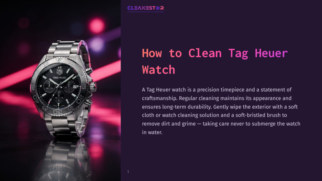 Close-Up Of A Shiny Silver Tag Heuer Watch With A Black Dial, Resting On A Dark, Reflective Surface With Pink And Blue Light Streaks In The Background. Text Overlay Reads &Quot;How To Clean Tag Heuer Watch&Quot;.