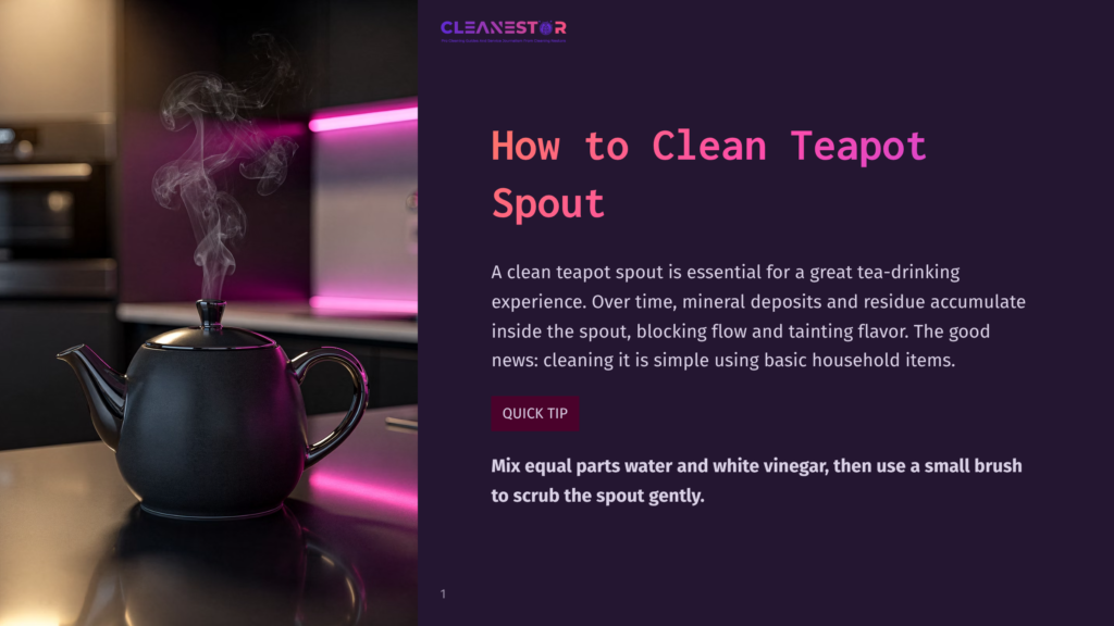1 How To Clean Teapot Spout A Black Teapot With Steam Rising From Its Spout Sits On A Reflective Surface, With A Vibrant Pink Neon Light In The Background. Text Overlay Reads &Quot;How To Clean Teapot Spout&Quot;.
