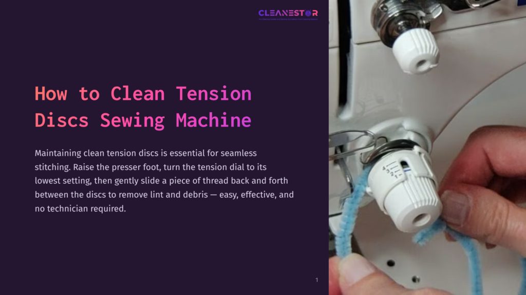 Close-Up Of A Hand Using A Blue Pipe Cleaner To Clean The Tension Discs On A White Sewing Machine, With Text &Quot;How To Clean Tension Discs Sewing Machine&Quot; Overlaid.