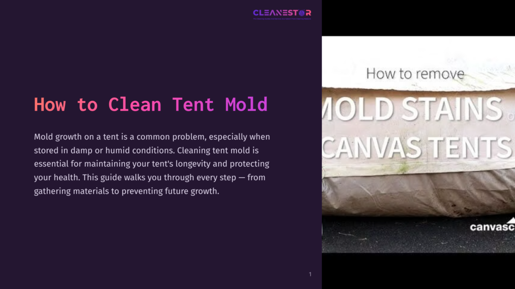 Close-Up Of A Dirty, Mold-Stained Canvas Tent With The Text &Quot;How To Remove Mold Stains Canvas Tents&Quot; Overlaid.