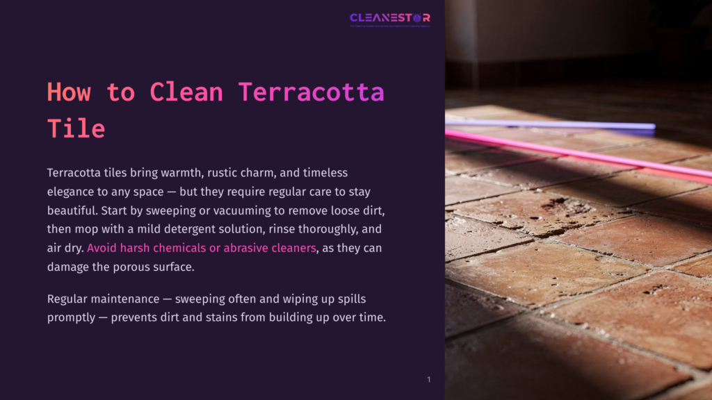1 How To Clean Terracotta Tile Close-Up Of Rustic Terracotta Tiles On A Floor, With Sunlight Casting Shadows And Two Colorful Straws Resting On The Tiles. Text Overlay Reads &Quot;Cleanestor&Quot; And &Quot;How To Clean Terracotta Tile&Quot;.