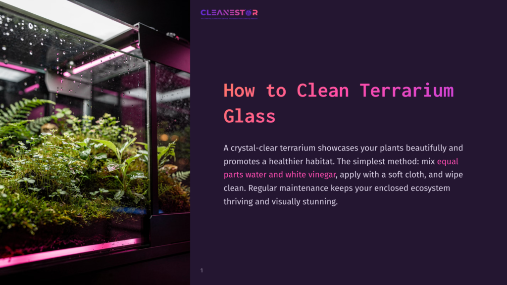 A Beautifully Maintained, Lush Green Terrarium With Vibrant Plants And Moss, Illuminated By Pinkish-Purple Light. The Text &Quot;How To Clean Terrarium Glass&Quot; Is Visible.